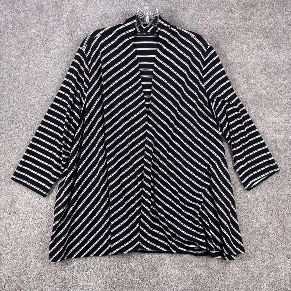 Susan Graver Weekend Black White Striped Open Front Cardigan XL 3/4 Sleeve